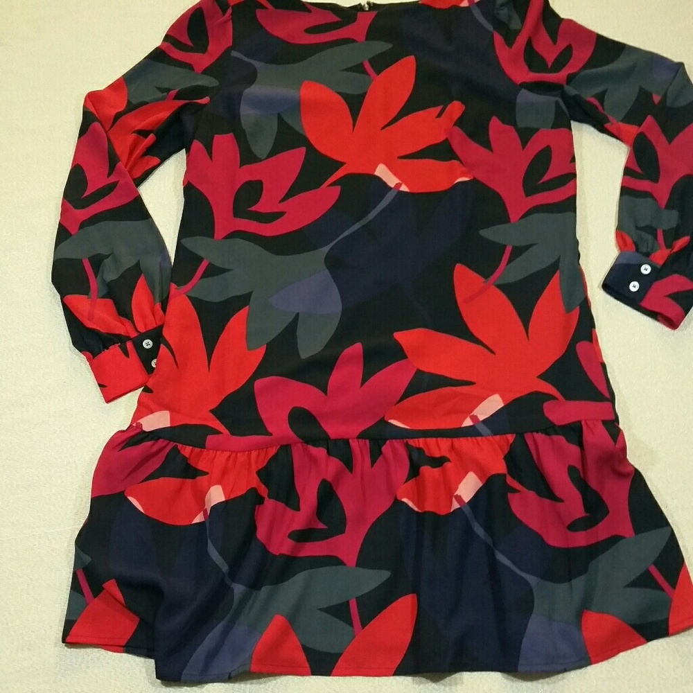 LOFT Red and Black Long Sleeve Ruffled Sweater Dress